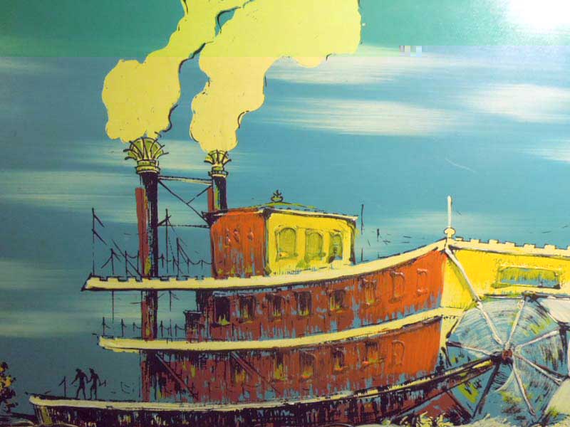 Antique Art/トムソーヤの冒険の舞台ミシシッピー川の蒸気船(ポンポン船)の油絵