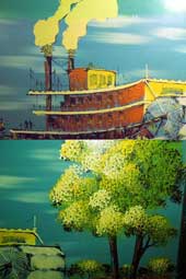 Antique Art/トムソーヤの冒険の舞台ミシシッピー川の蒸気船(ポンポン船)の油絵