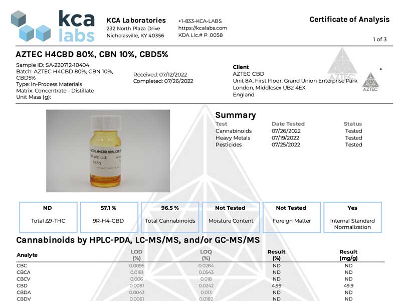AZTEC CBD/H4CBD CARTRIDGE 0.5ml/H4CBD400mg CBD25mg CBN50mgAAXeJCBD