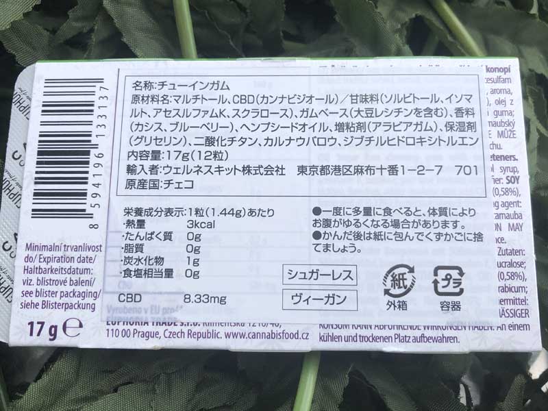 EUPHORIA�@CBD Gum ���[�t�H���A CBD�K��100mg/12�� �V���K�[���X�����B�[�K���d�l�����`�q�g����