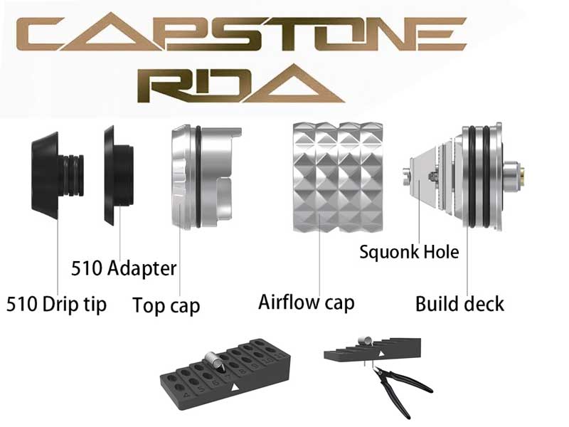 Vandy Vape Capestone RDA �s���~�b�h�X�^�b�Y�̊O�ρA�s���~�b�h�̂悤�ȃf�b�L�̃L���v�X�g��