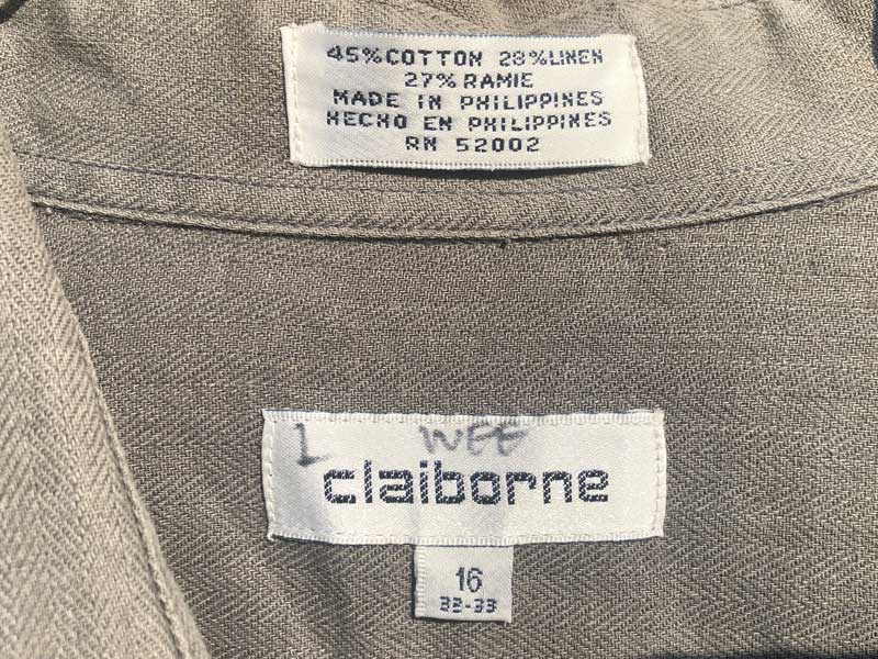 Used Linen Hemp claiborne L/S .Shirts ���l���@�w���v�f�ނ� �w�����{�[���̃O���[�̒����V���c