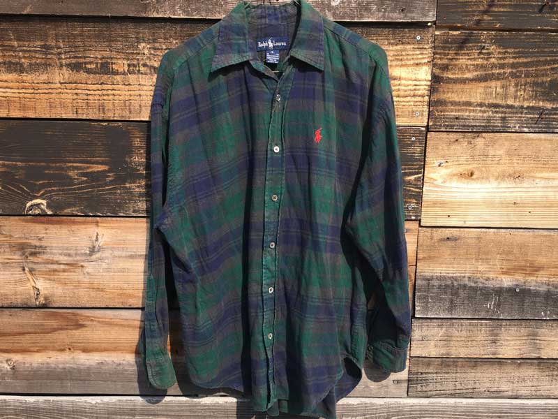 Used Polo Ralph Lauren Green check Nel Shirts �AUS�Ò� �|�� �����t���[���� �΂̃`�F�b�N�̃l���V���c